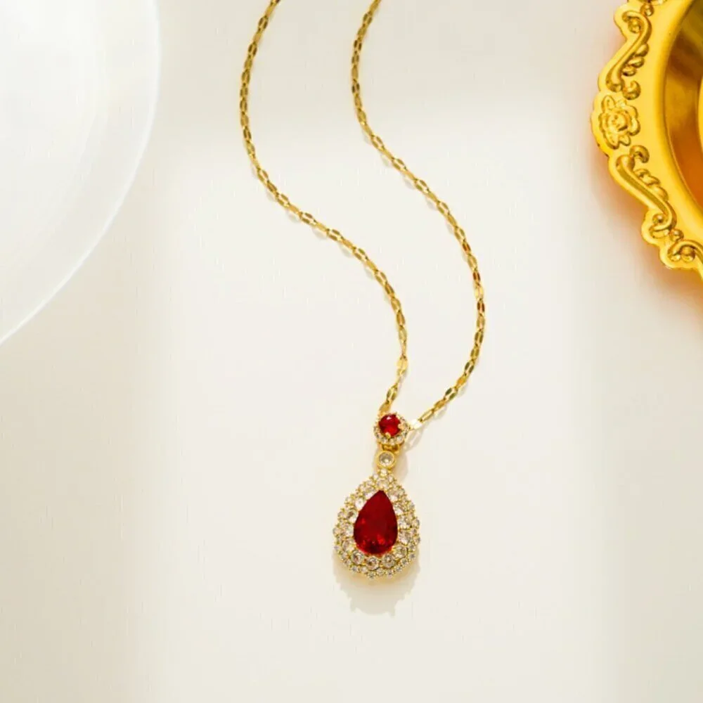 18K Gold Plated Stainless Steel Simulated Diamond Tear Drop Ruby Necklace